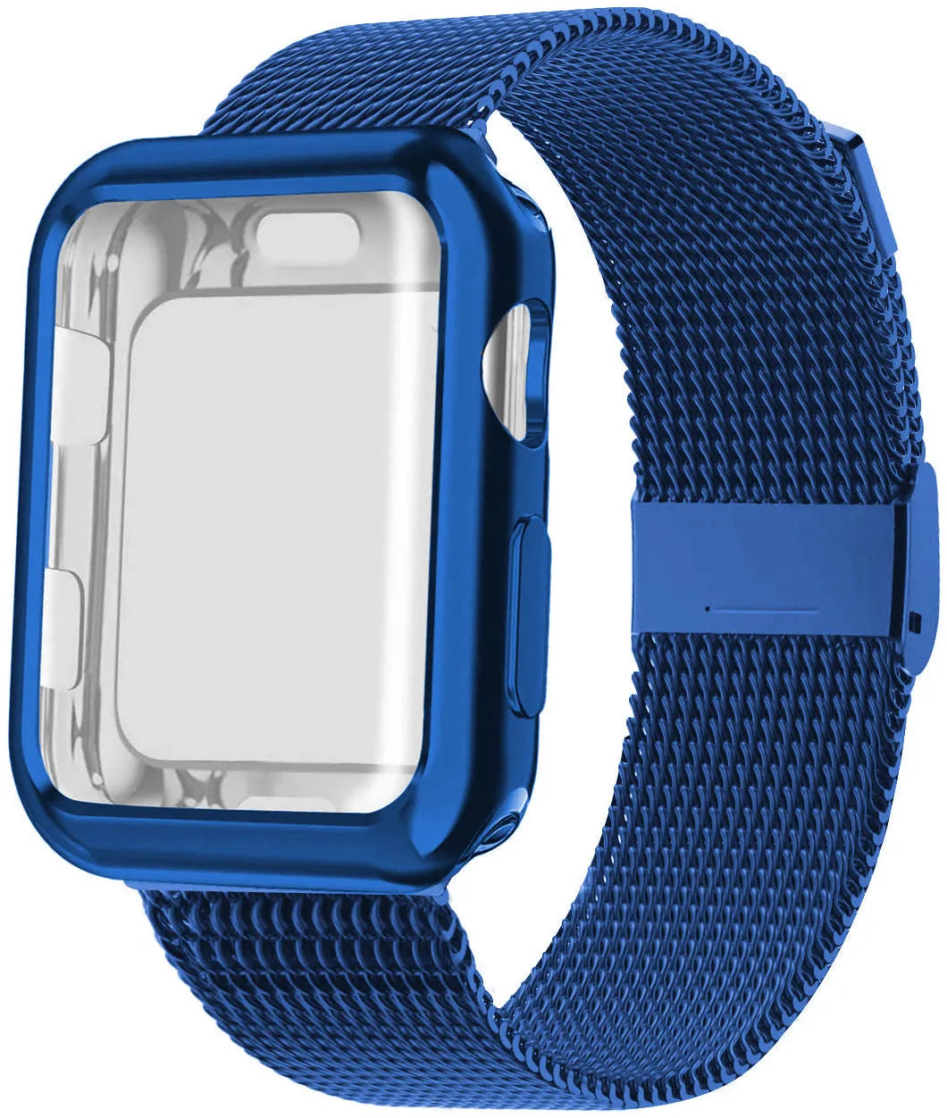 Silver Milanese loop metal strap with magnetic clasp attached to an Apple Watch on a wrist.