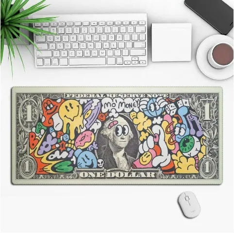 Anime style gaming mouse pad desk mat with non-slip rubber base on a desk.