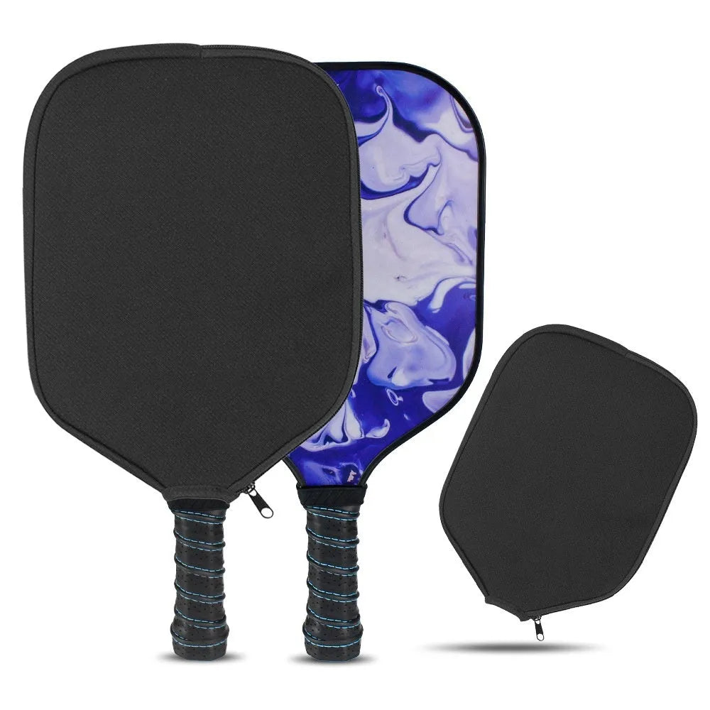 Black neoprene protective sleeve for a table tennis racket on a plain background.