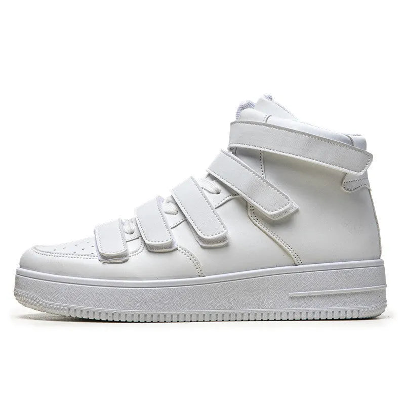 Men's high-top board shoes in black with white sole, lace-up front, artificial PU upper, and round toe on a white background