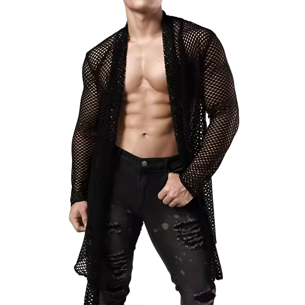 Black men's long-sleeve mesh cardigan with see-through hollow-out design, loose fit, sizes S to XXXL.