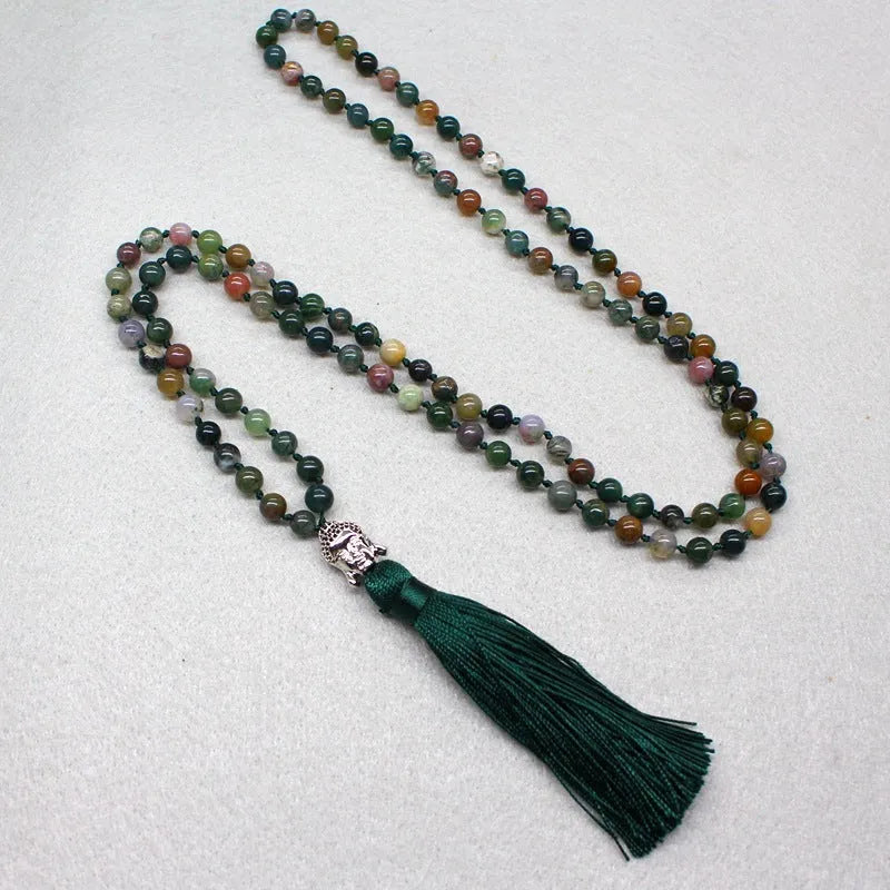 108-bead natural India agate necklace with 6mm geometric stone beads.