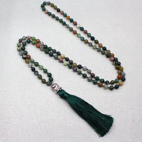 108-bead natural India agate necklace with 6mm geometric stone beads.