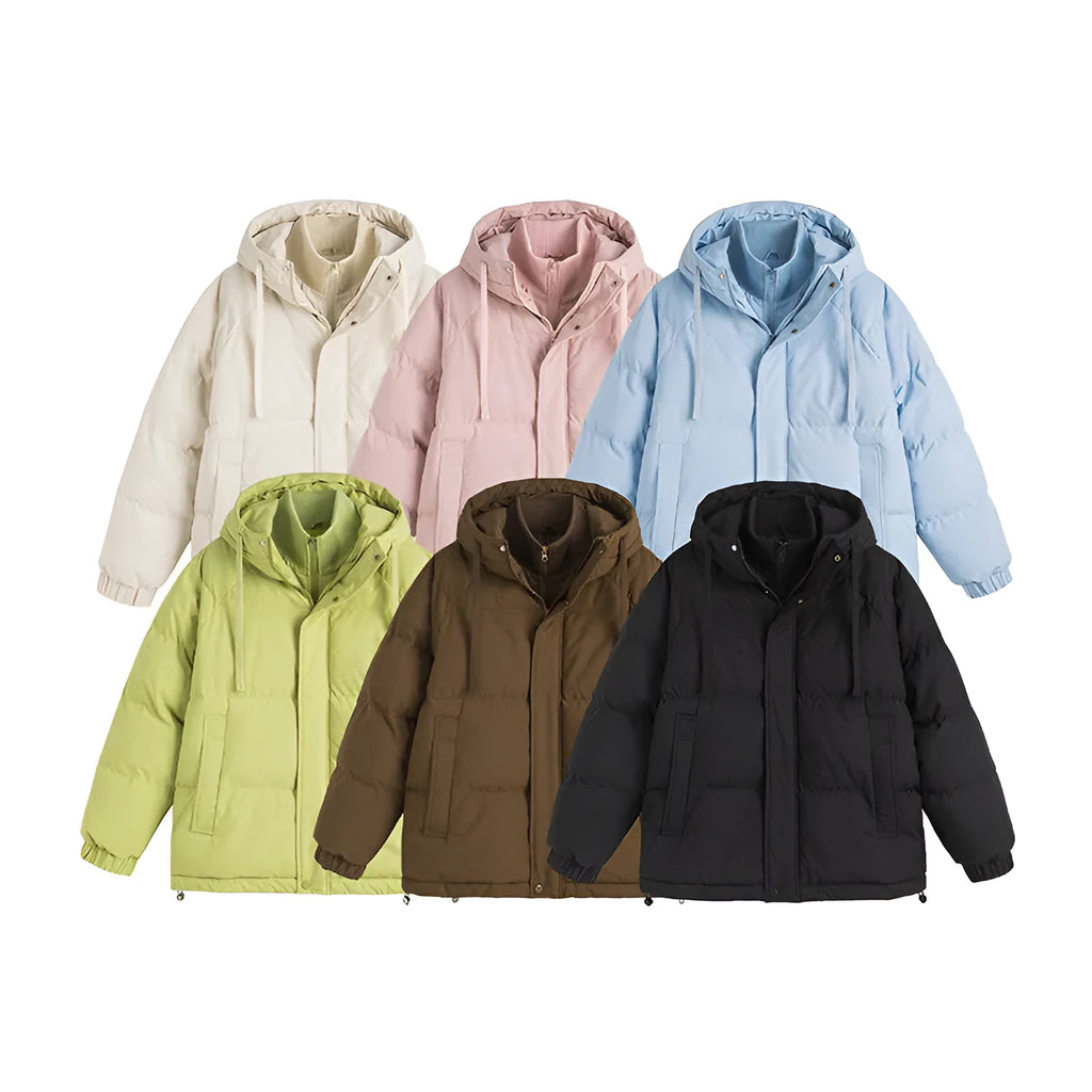 Loose winter padded jacket in multiple colours with side seam pockets and cardigan design