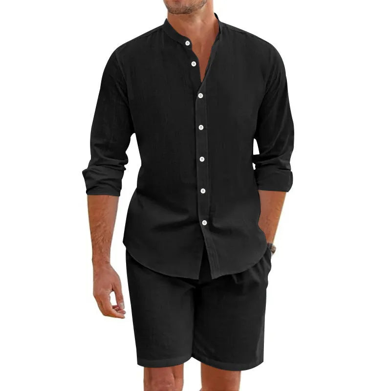 Men's hemp blend summer shirt suit two-piece set with lapel top and drawstring shorts
