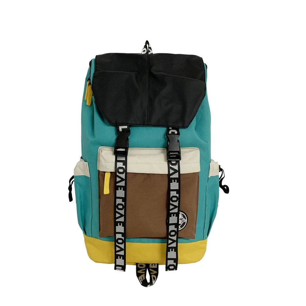 A mid-size black Oxford cloth backpack shown with handheld and two-shoulder carry options.