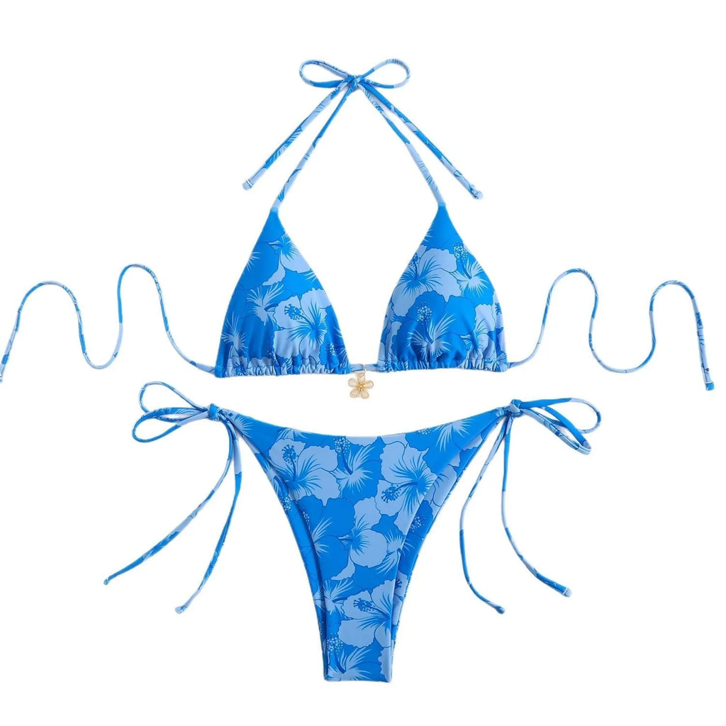 Double-sided bikini swimsuit with polo neck front lace-up, high-waist briefs, light blue colour, polyester fabric, sleeves swimming wading