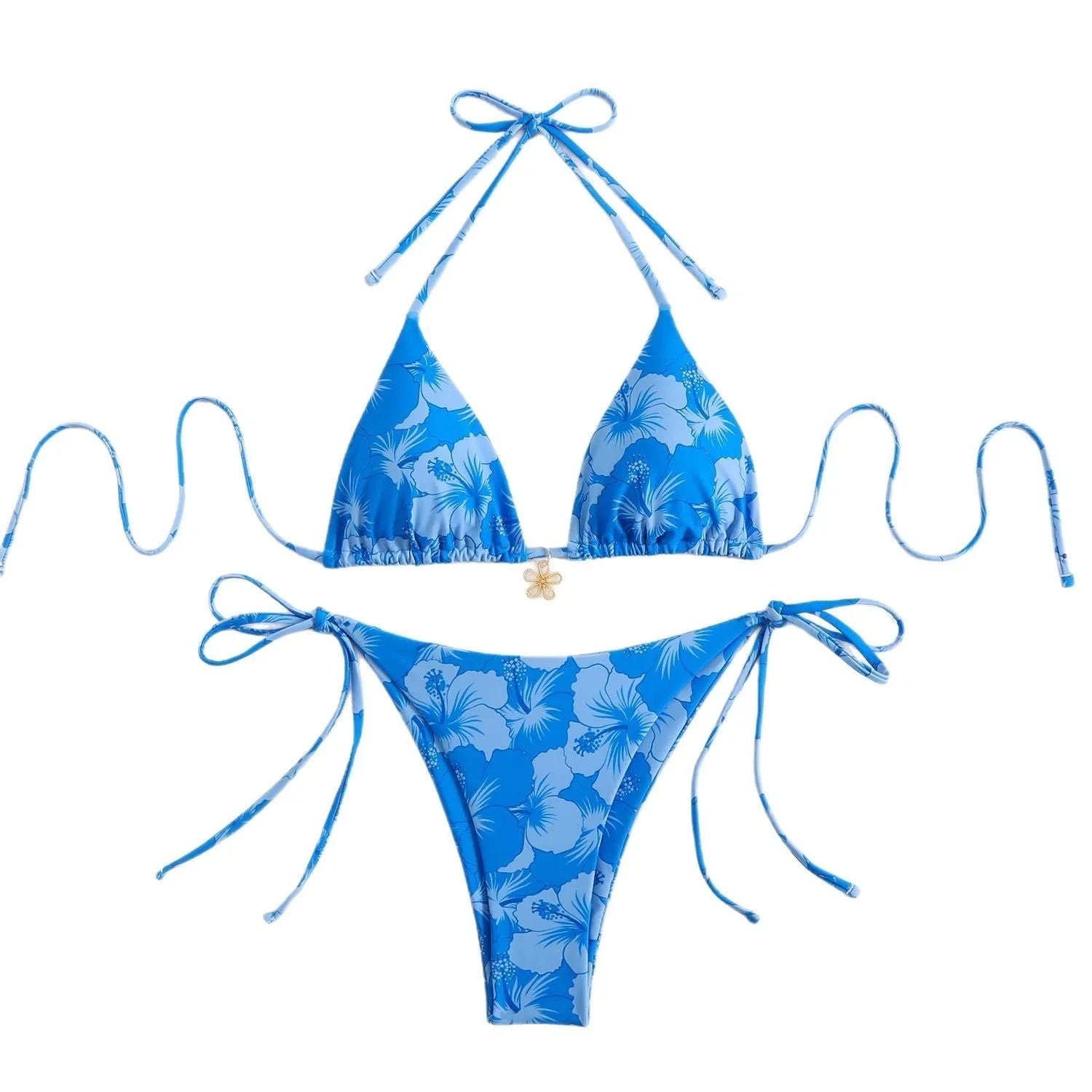 Double-sided bikini swimsuit with polo neck front lace-up, high-waist briefs, light blue colour, polyester fabric, sleeves swimming wading