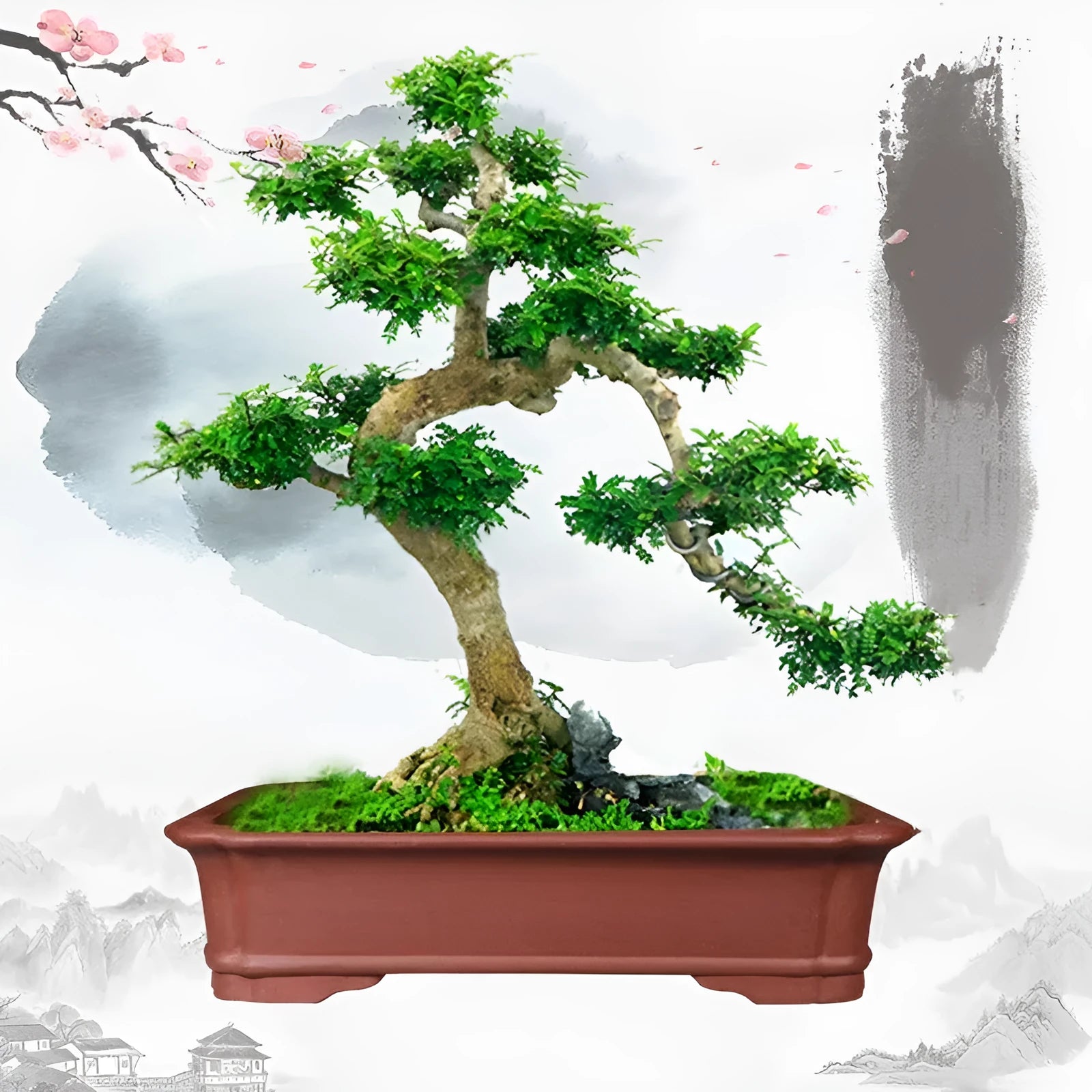 Large rectangular purple clay flowerpot for bonsai or big plants on a wooden surface.