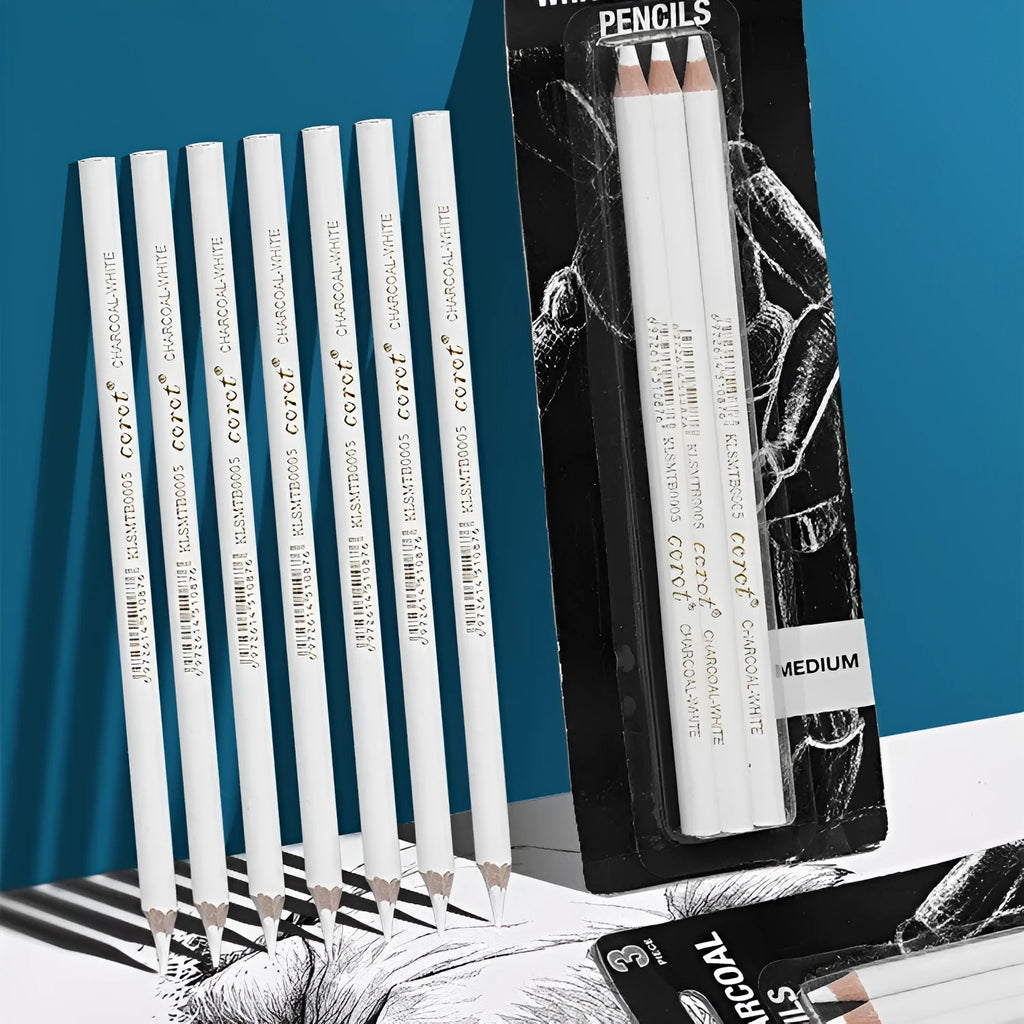 Set of three white charcoal pencils in wooden barrels for sketching on dark paper
