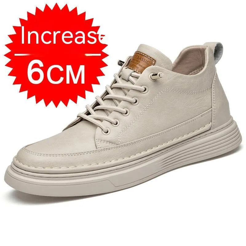 Men's round toe elevator shoes in black with 6cm hidden height increase, two-layer cowhide upper and rubber sole