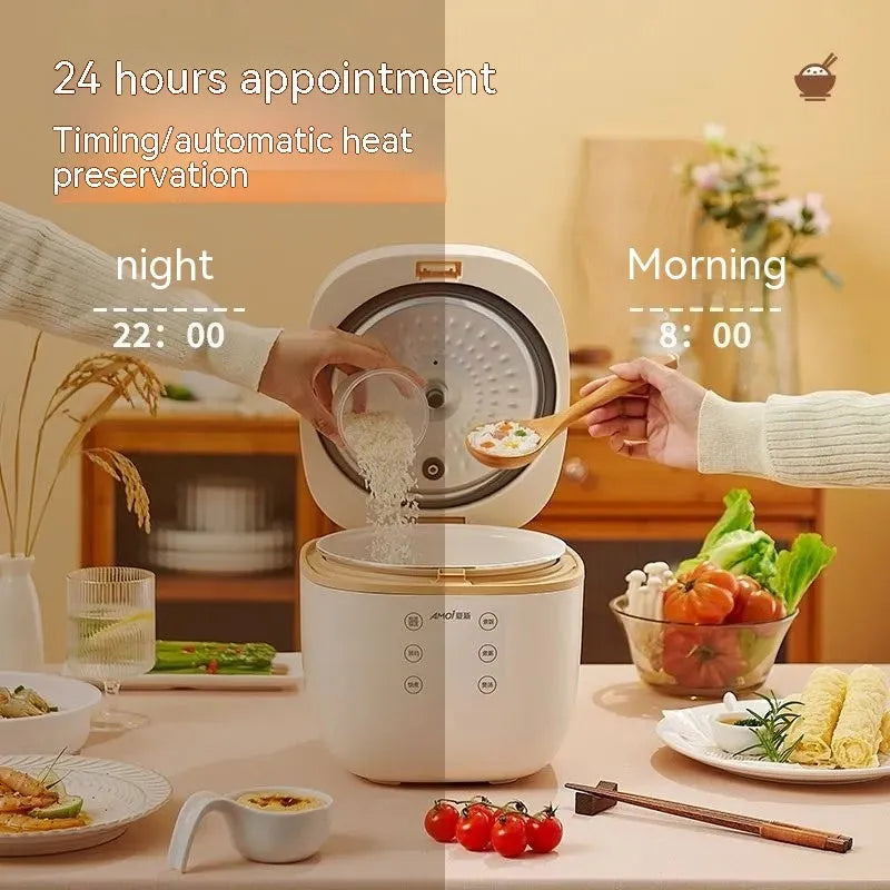 White or beige intelligent rice cooker with 3L capacity and digital control panel