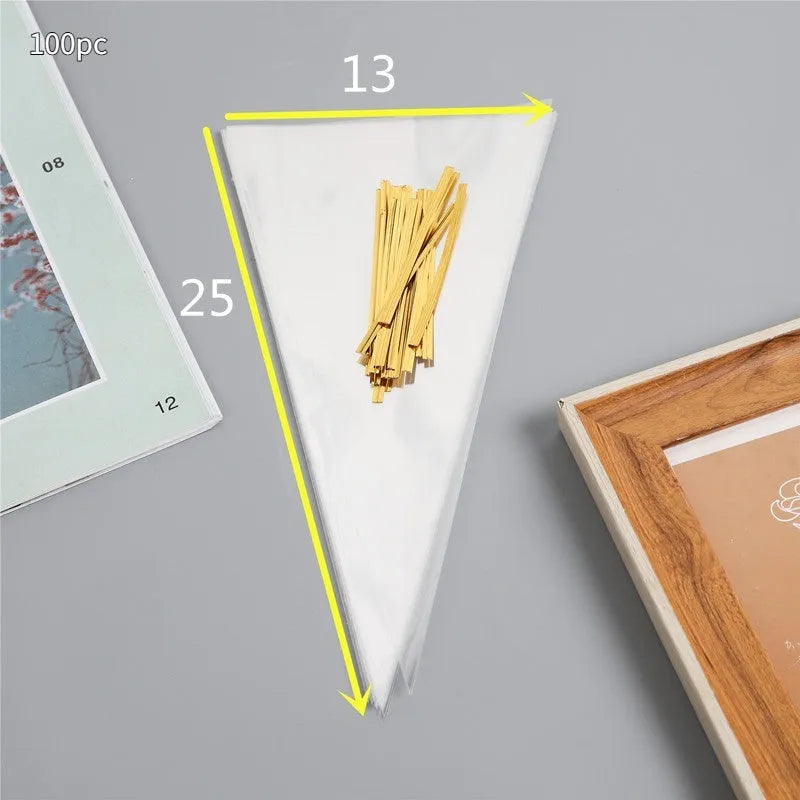 Clear triangular OPP plastic packaging bag showing the integrated tie wire closure at the top.