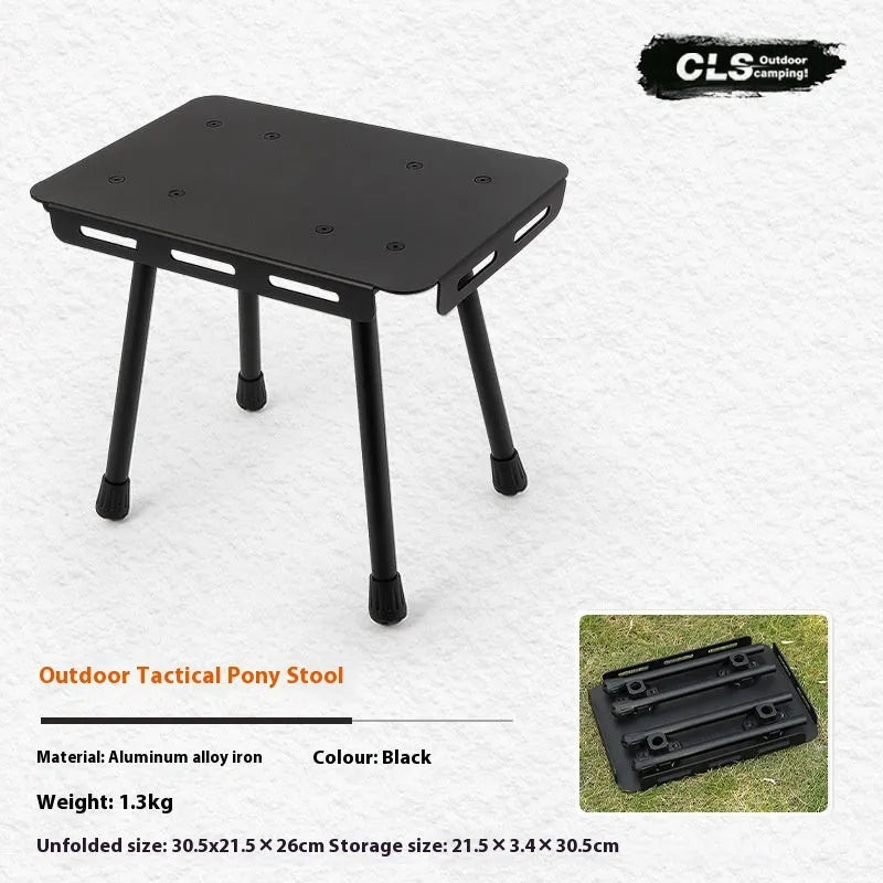 CLS aluminium dual-use camping stool shown in Army Green, folded and with storage bag.