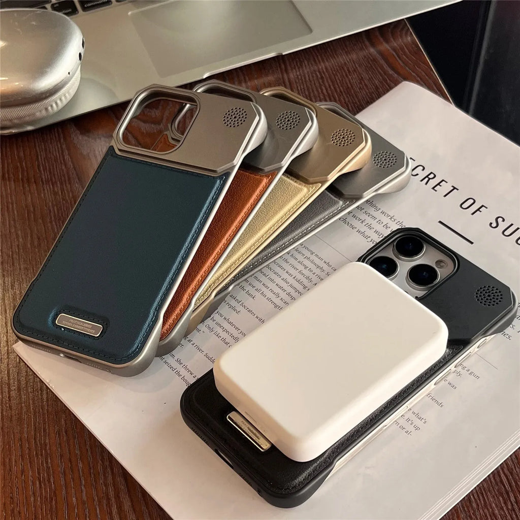 Aromatherapy leather magnetic phone case for iPhone, frameless hard PC cover in Black, Gray, Blue, Brown or Gold.