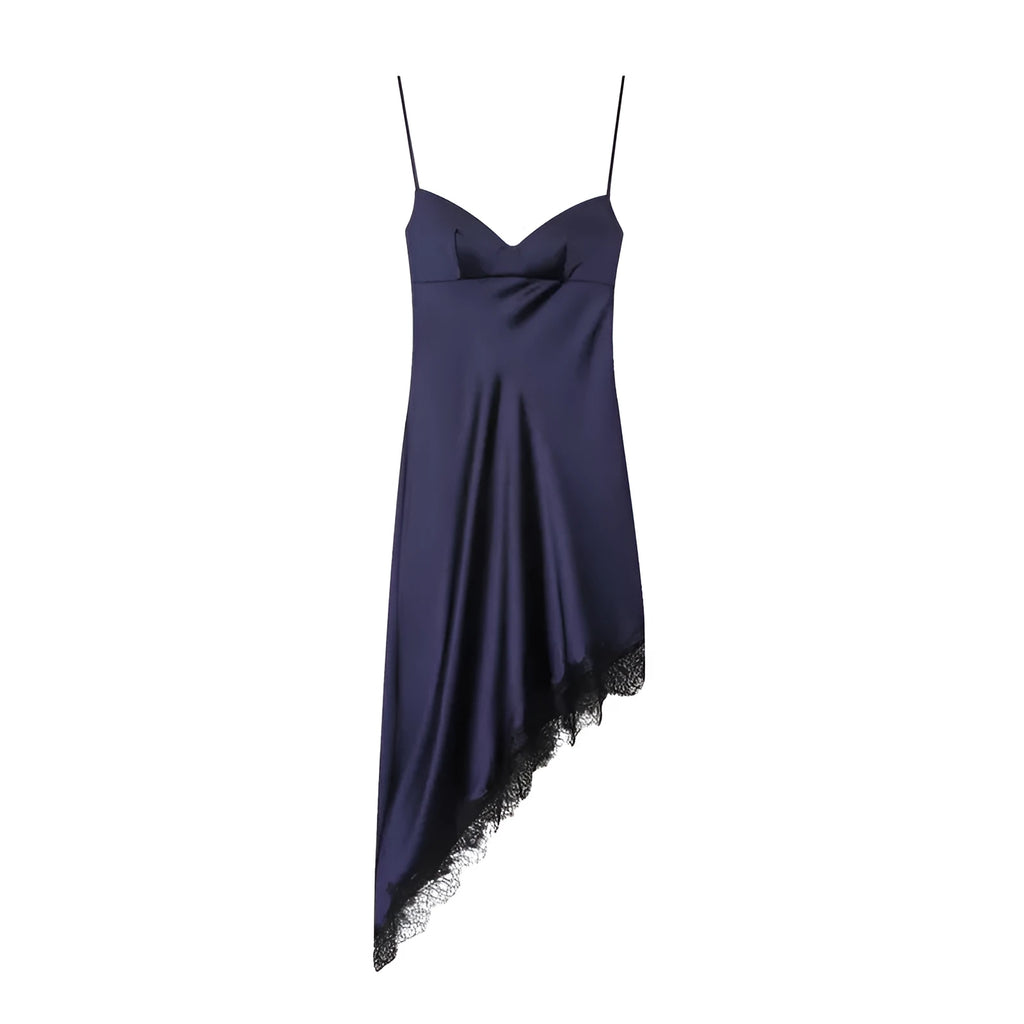 Women's navy blue casual dress with asymmetric skirt, mid waist, and stripe or plaid pattern options, sizes XS to L