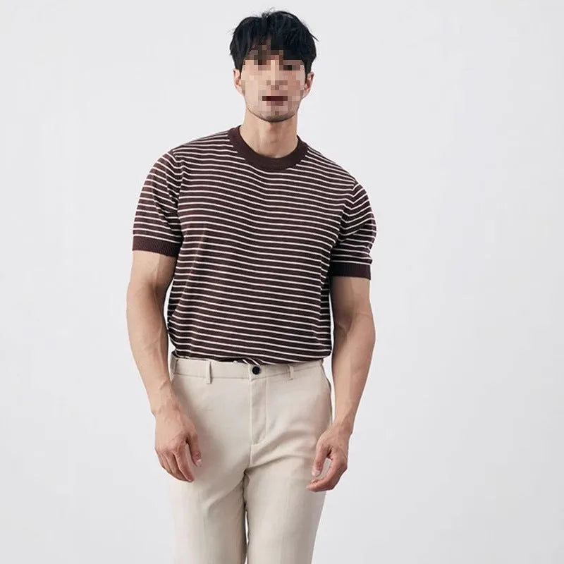 Men's high-grade casual striped round neck knitted T-shirt in green, blue, brown; short sleeve summer top Harajuku style