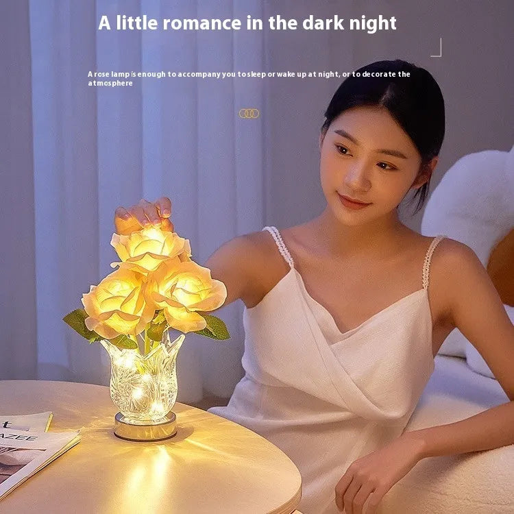 Crystal flowers table lamp with touch dimming control on bedside table