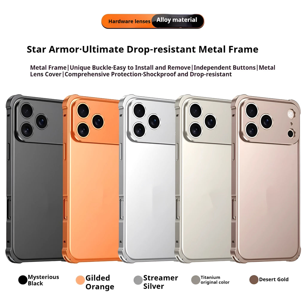 iPhone 17 alloy mobile phone case with metal corner frame and seahorse buckle in frosted finish