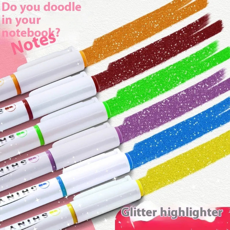 Pack of four glitter highlighter pens with plastic bodies in assorted colours.