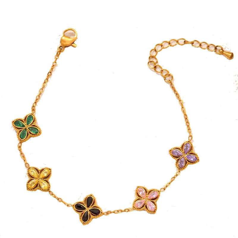 Small flowers inlaid zircon bracelet for women stainless steel multicolor floral jewellery