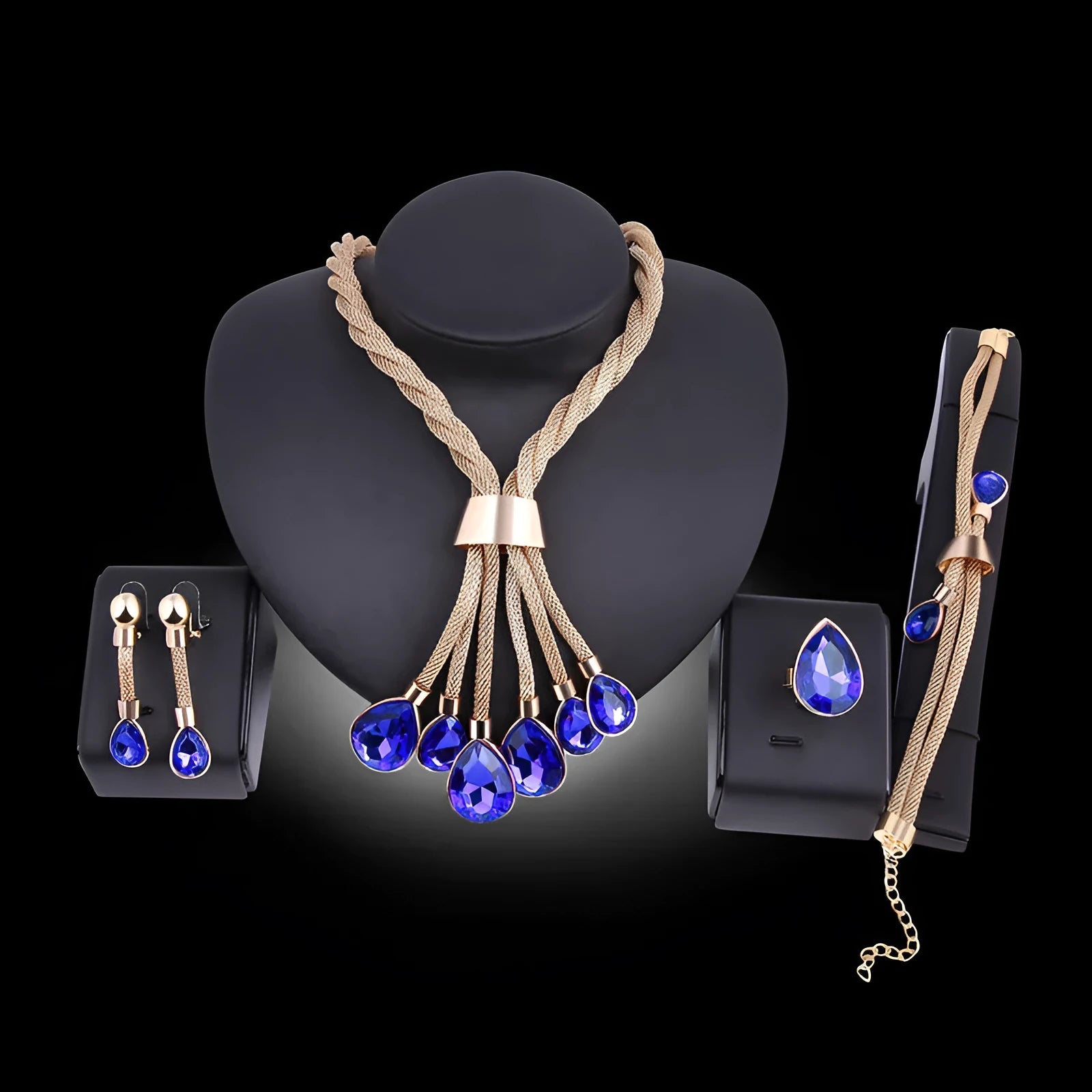 Four-piece gilded women's jewellery set with alloy diamond-finish square pattern, including necklace, earrings and bracelet in 18K gold colour