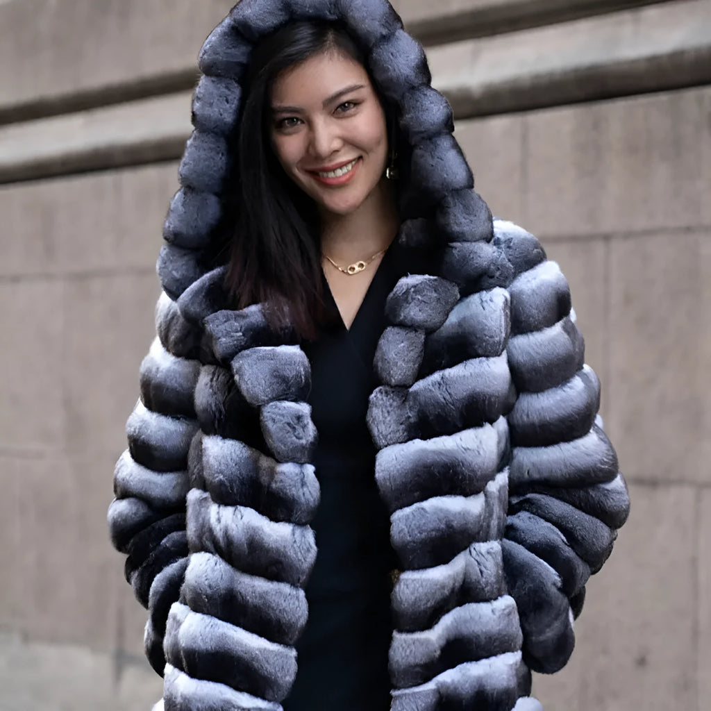 Women's zebra stripe artificial mink faux fur overcoat with regular sleeves and mid-length design