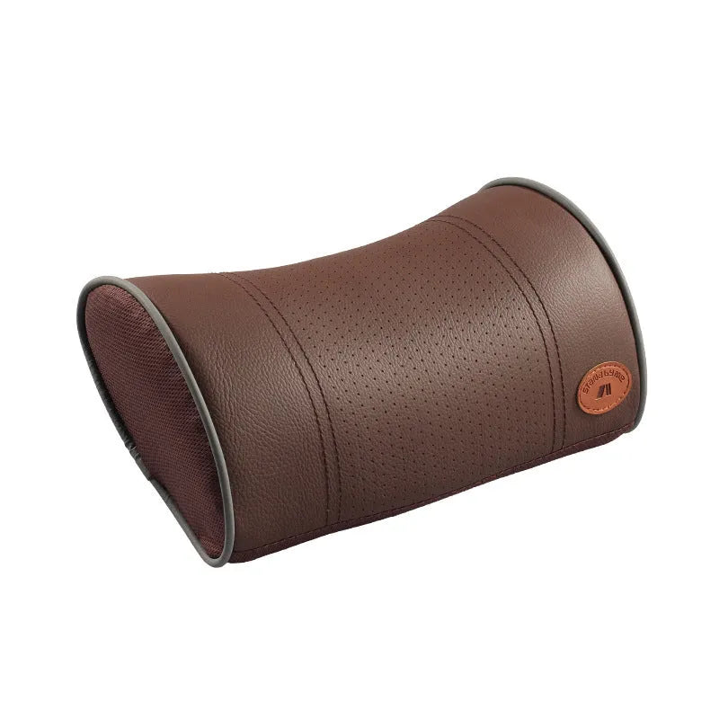 Car headrest neck pillow with memory foam padding, adjustable width and height, leather cover in black with red