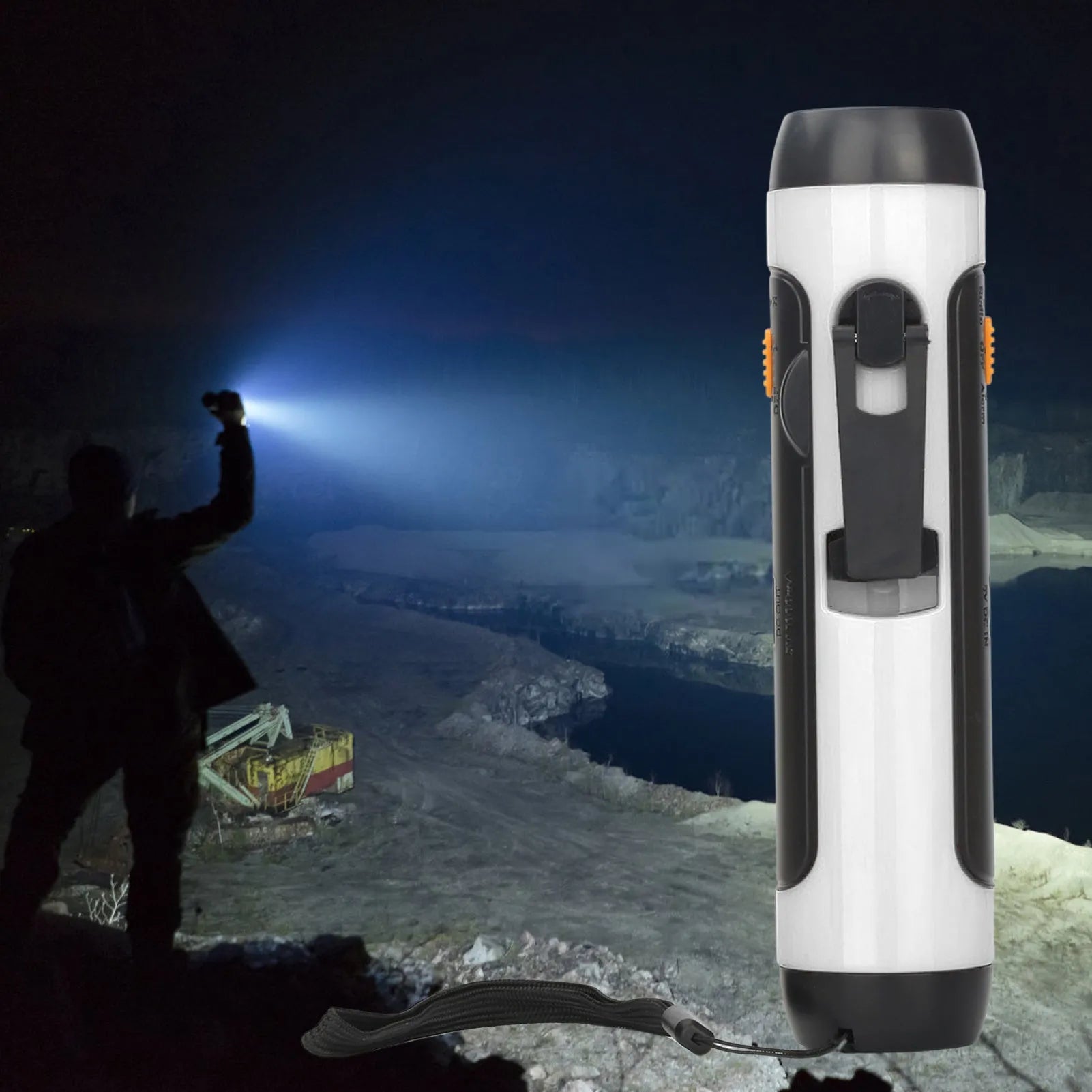 Outdoor rechargeable FM alarm flashlight in red with LED beam, ABS body, USB cable and hand crank