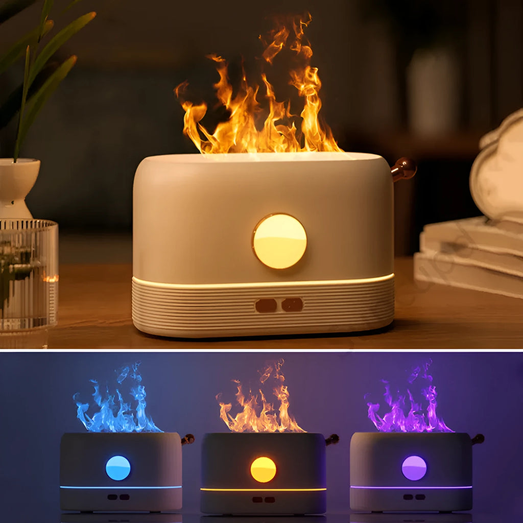 USB desktop humidifier with flame simulation effect and fragrance diffuser function