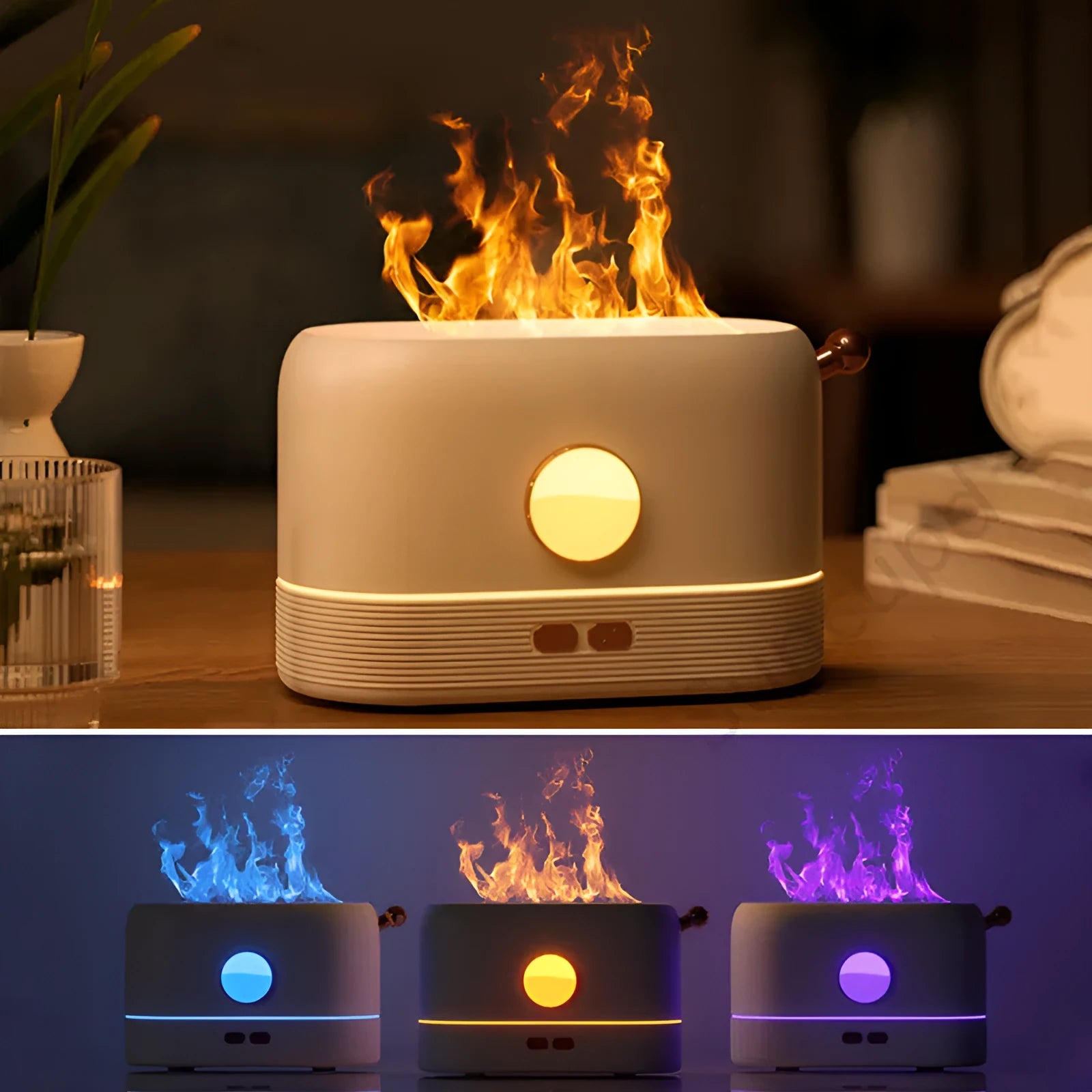 USB desktop humidifier with flame simulation effect and fragrance diffuser function