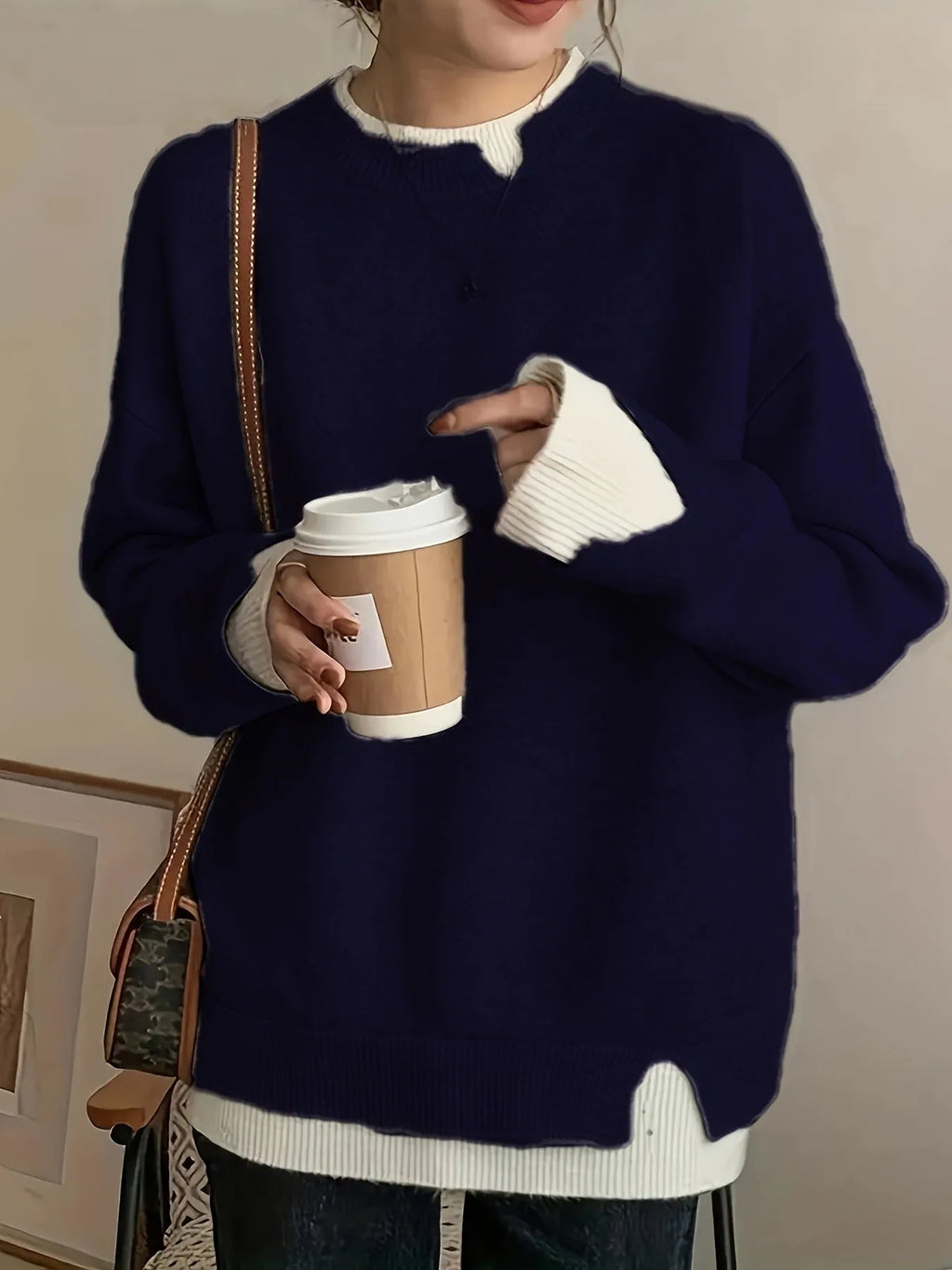 Women's grey round neck sweater made from chenille and spandex fabric