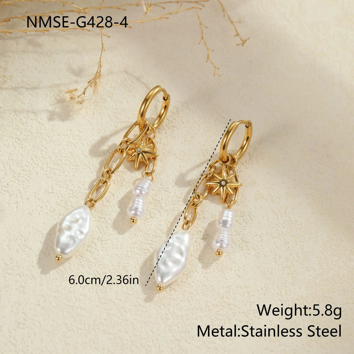 Baroque pearl earrings with geometric star frame, 18K plated stainless steel, six colour options for women