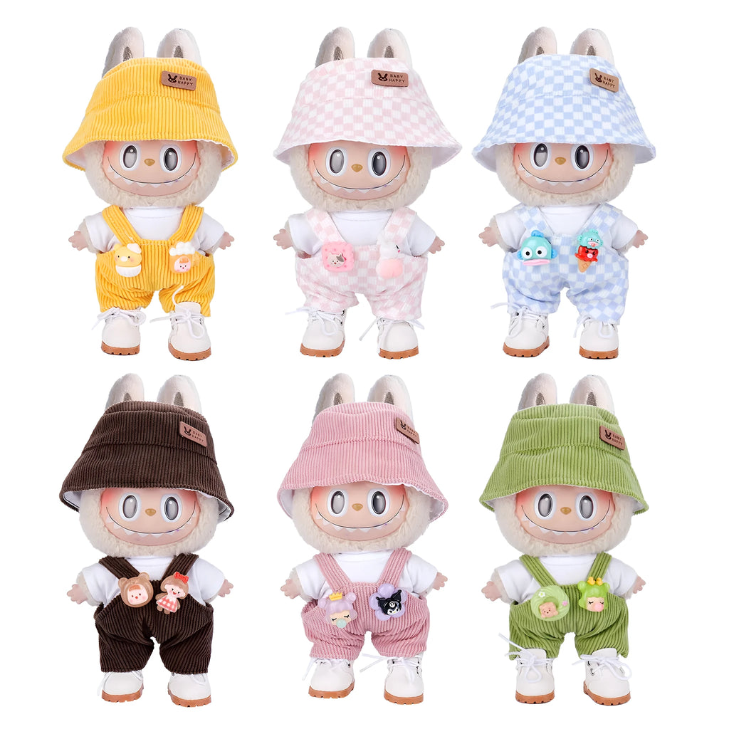 17cm doll clothes set with bucket hat, blouse, pants, and underwear in six colour options including No. 25 to No. 29 and Shoes No. 18
