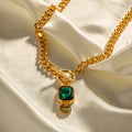 Gold retro geometric pendant necklace with emerald green zircon stone and titanium steel Cuban chain