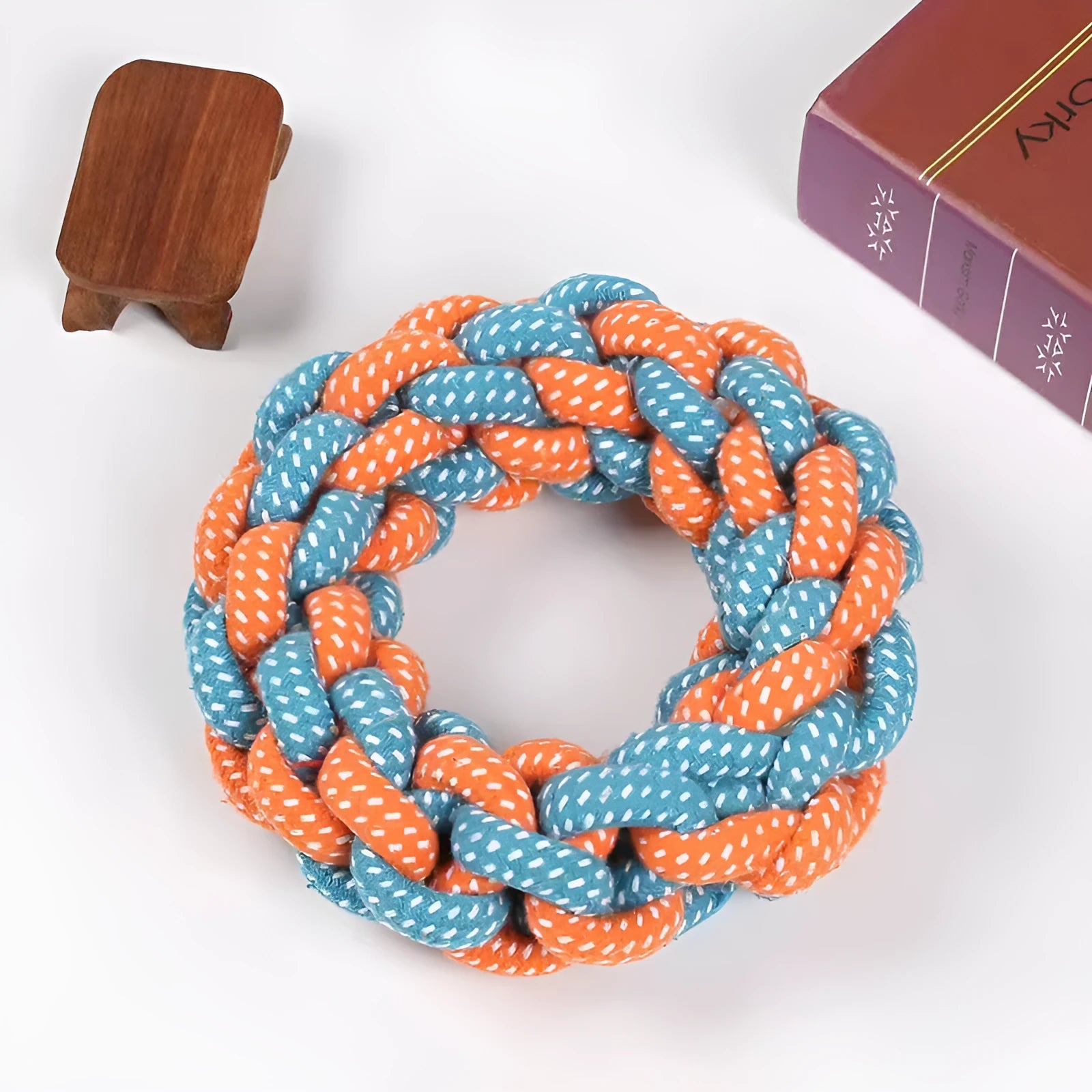 Cotton thread braided ring knot toy for pets, showing woven 18cm circle.
