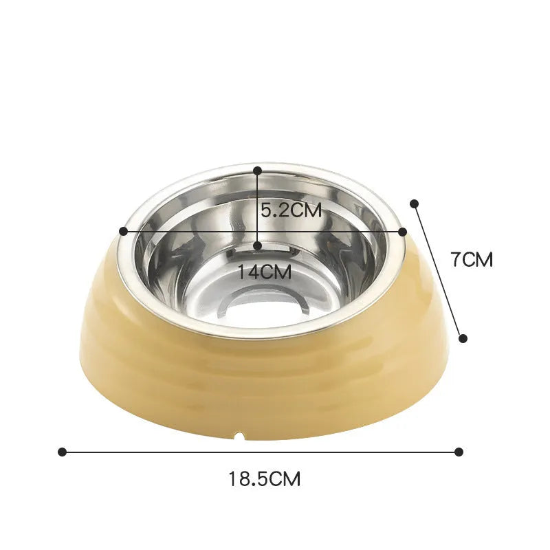 Stainless steel cat bowl with plastic base in light green, beige, and brown colour options