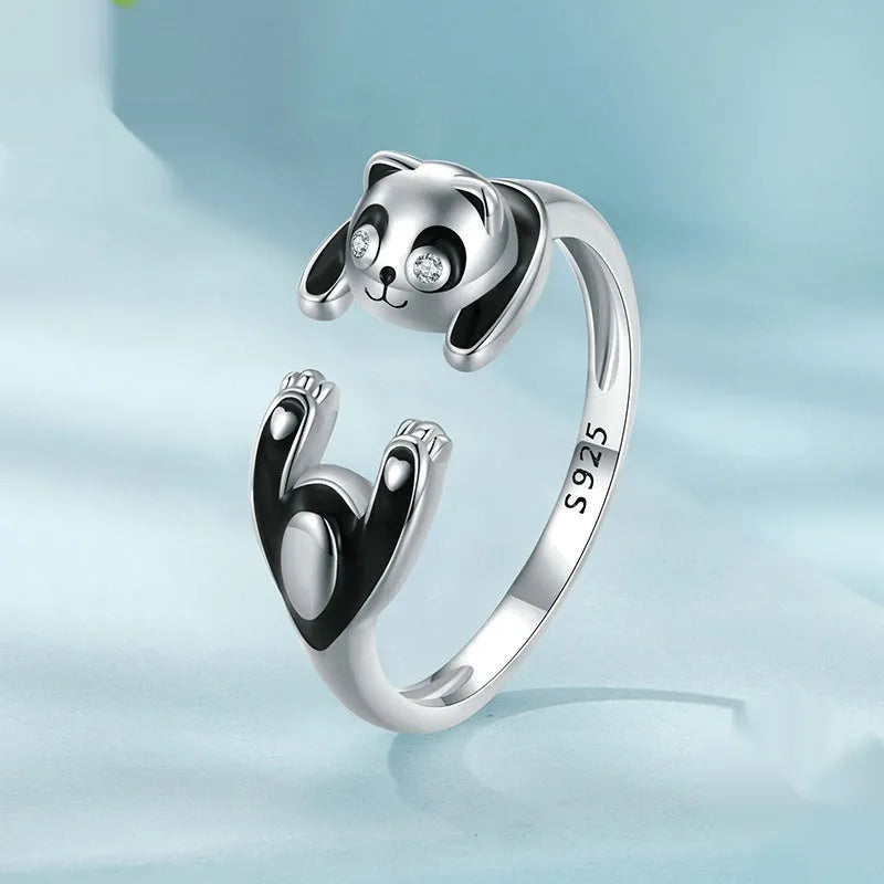 Sterling silver adjustable open ring with cute panda design and white gold plating