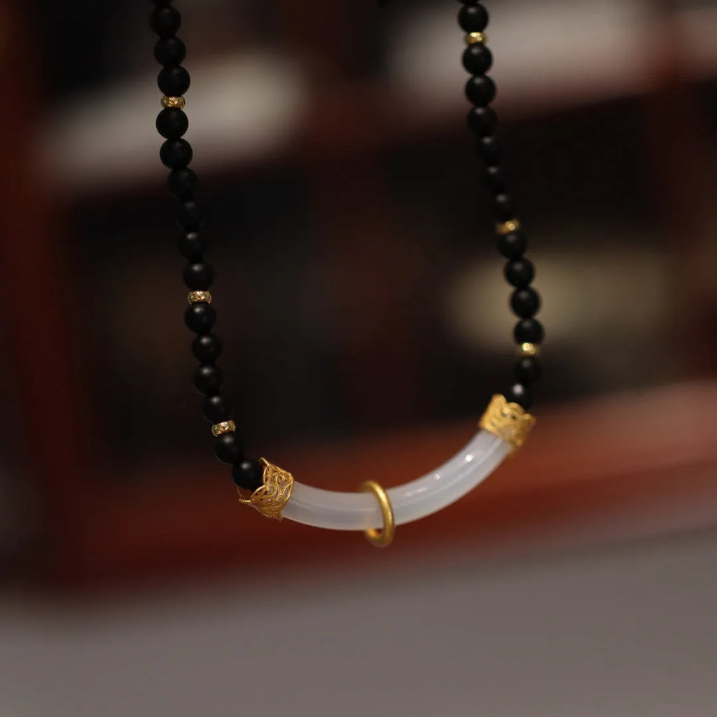 Women's Chinese style necklace with frosted black agate and white chalcedony stones in 925 silver U-shaped pendant