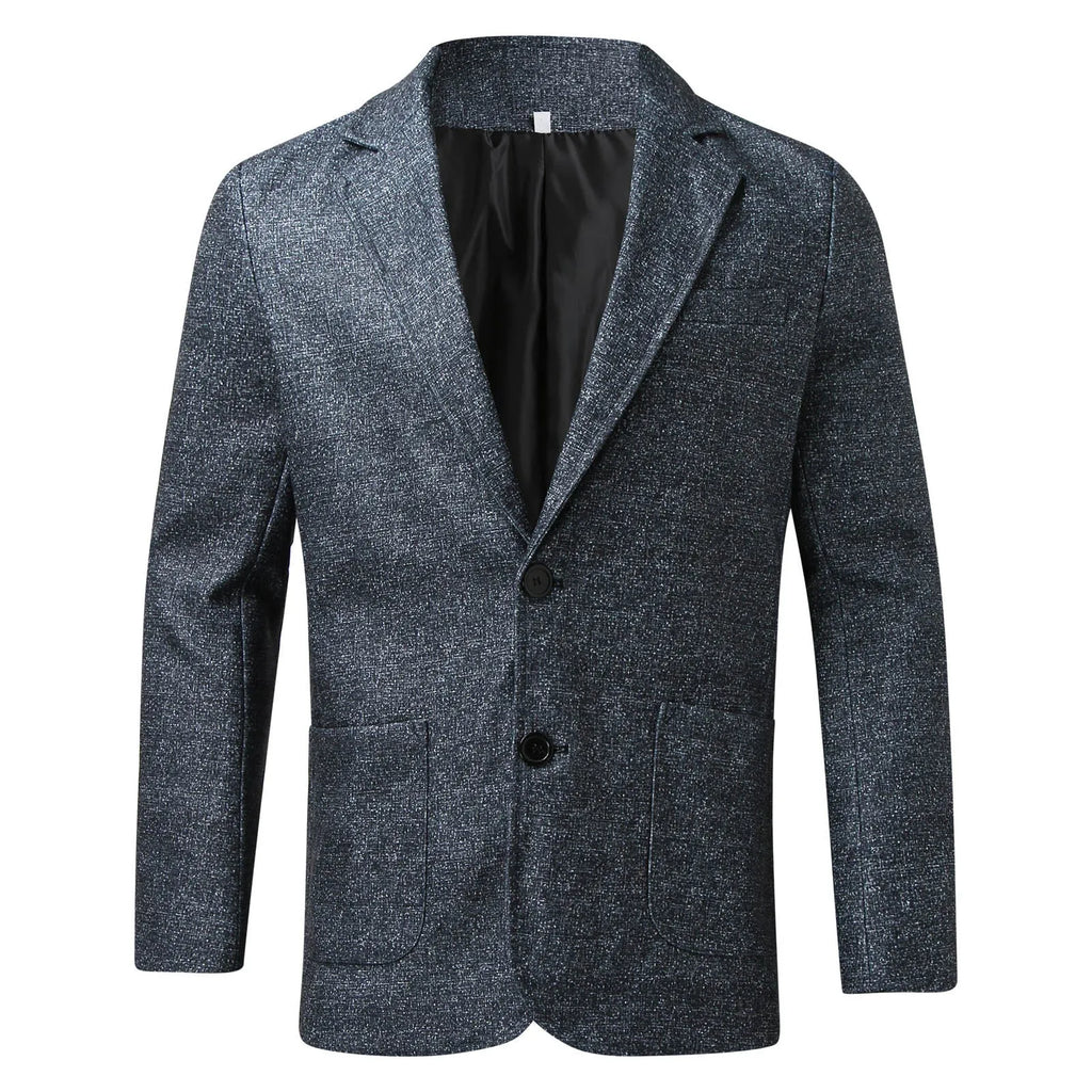 Men's slim fit plaid suit coat in blue plaid with lapel collar and long sleeves for business wear