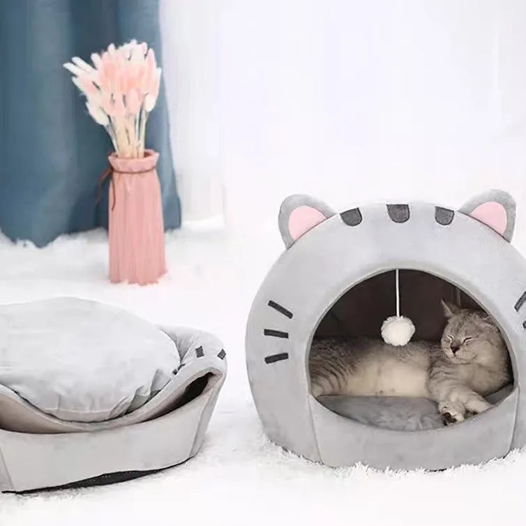 Gray polyester cat nest closed shelter winter warm bed available in sizes S, M, L