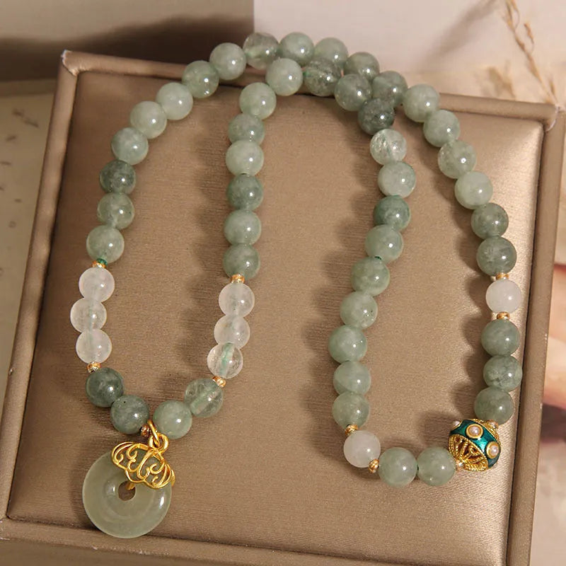 Women's aventurine double-layer jade bracelet with safety buckle in oil green with rhinestone accents