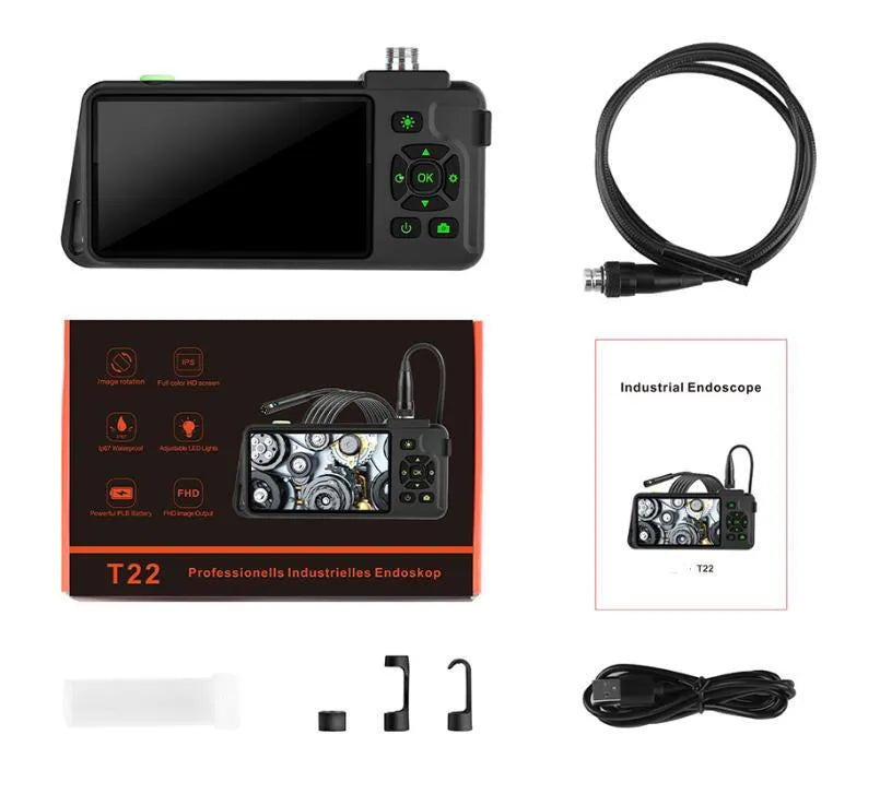 Handheld industrial endoscope with 4.5-inch colour screen and attached 5.5mm inspection camera on a cable.