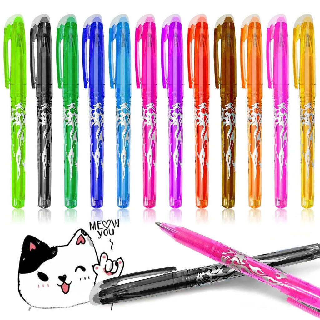 Heat-erasable gel pen set showing multiple colours with stainless steel nibs for temporary writing