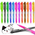 Heat-erasable gel pen set showing multiple colours with stainless steel nibs for temporary writing