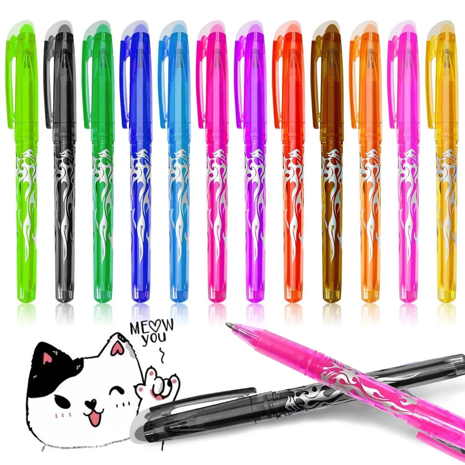Heat-erasable gel pen set showing multiple colours with stainless steel nibs for temporary writing