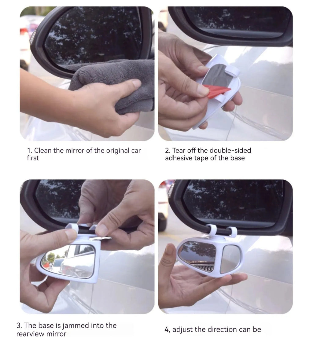 Small round adjustable car reversing mirror with adhesive back, shown in various colours.