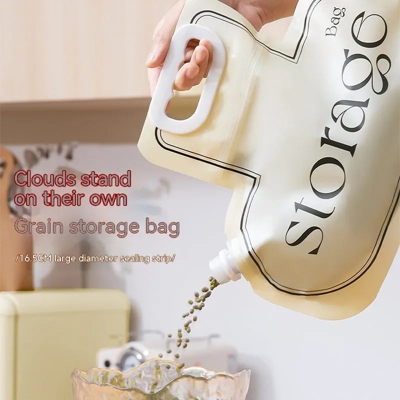 Cream grain storage bag with large diameter opening on a kitchen counter, 26.5x34.6cm food-grade PE