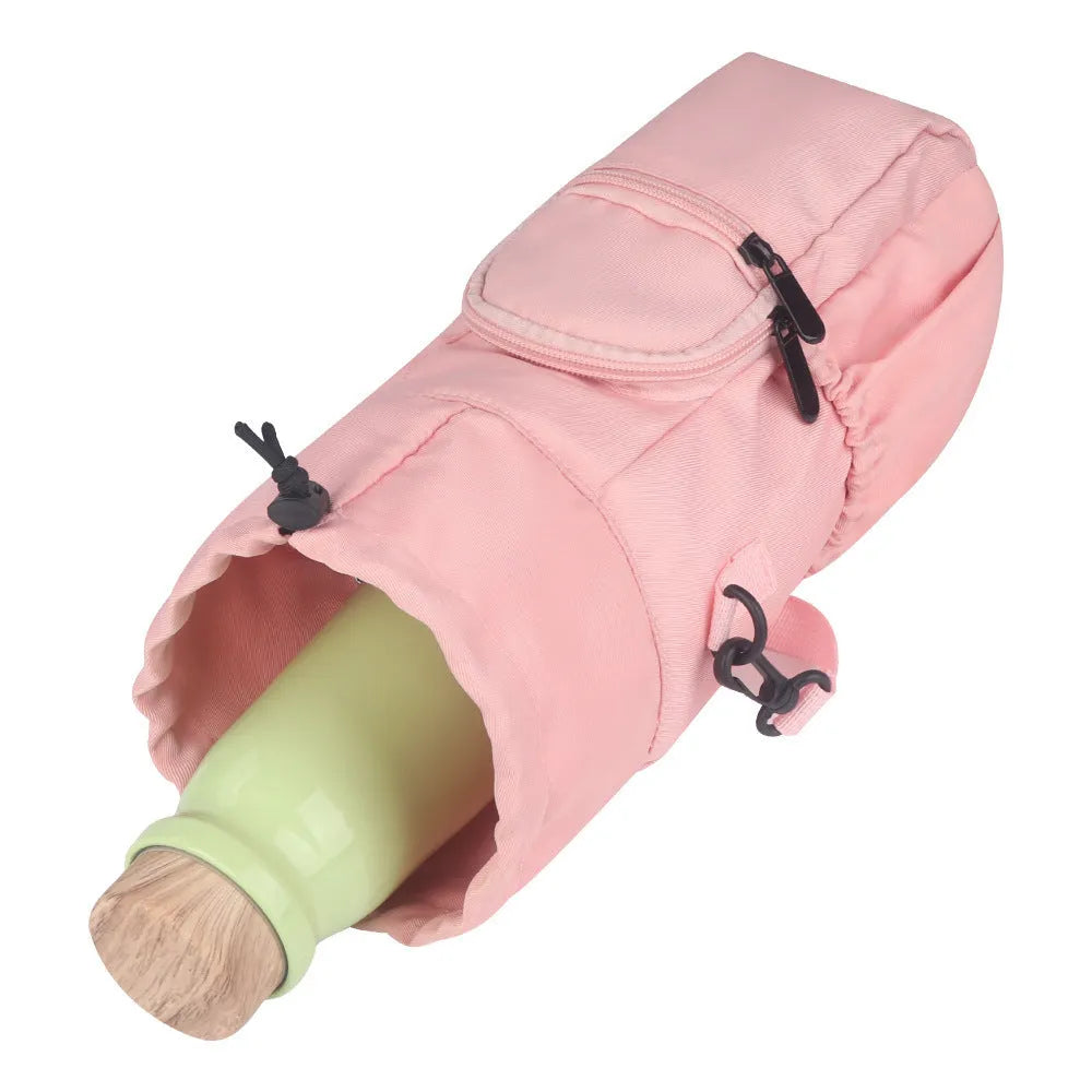 Cloth crossbody water bottle pouch in black, adjustable strap for hands-free carrying.