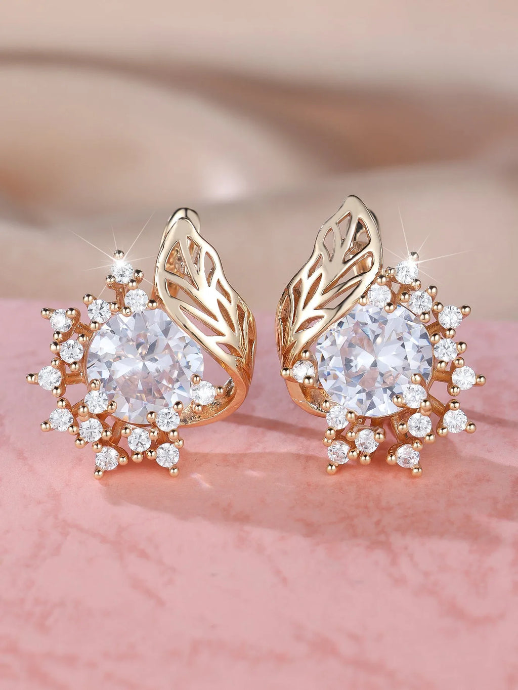 Round flower feather zircon earrings with champagne gold finish and coloured stone centre